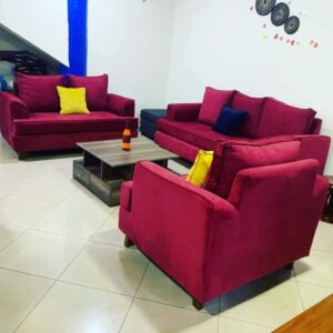 modern fabric sofa walnut details