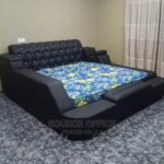 navy blue bookshelf headboard bed